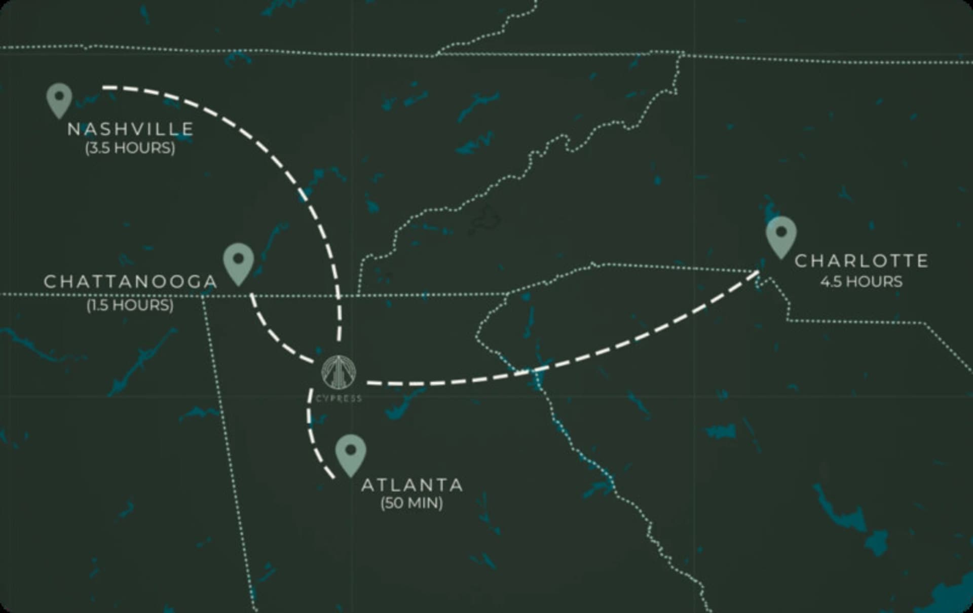 Cypress Resort location map showing driving distances from Atlanta, Nashville, Chattanooga, and Charlotte